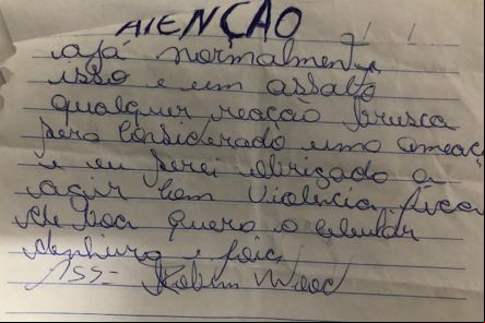 Bandido usa bilhete para anunciar assalto em cidade de MT